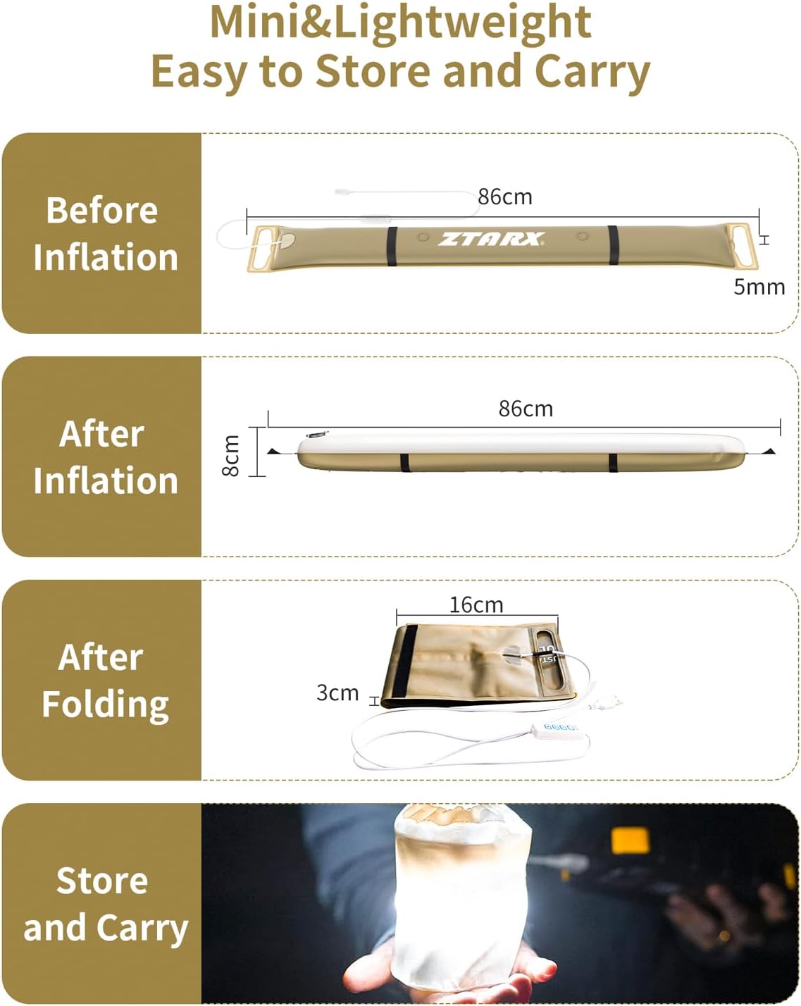 Ztarx Tube-1.0-90K: USB Charging Inflatable LED Camping Light with Patented Design(khaki)