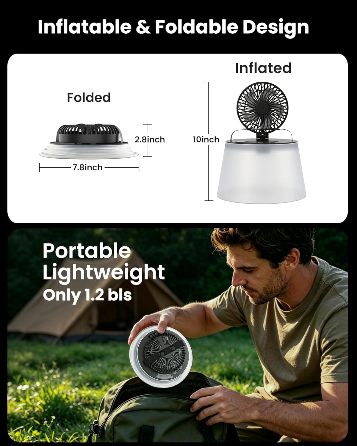 ZTARX Foldable Camping Fan With LED Lantern Portable Camping Gear